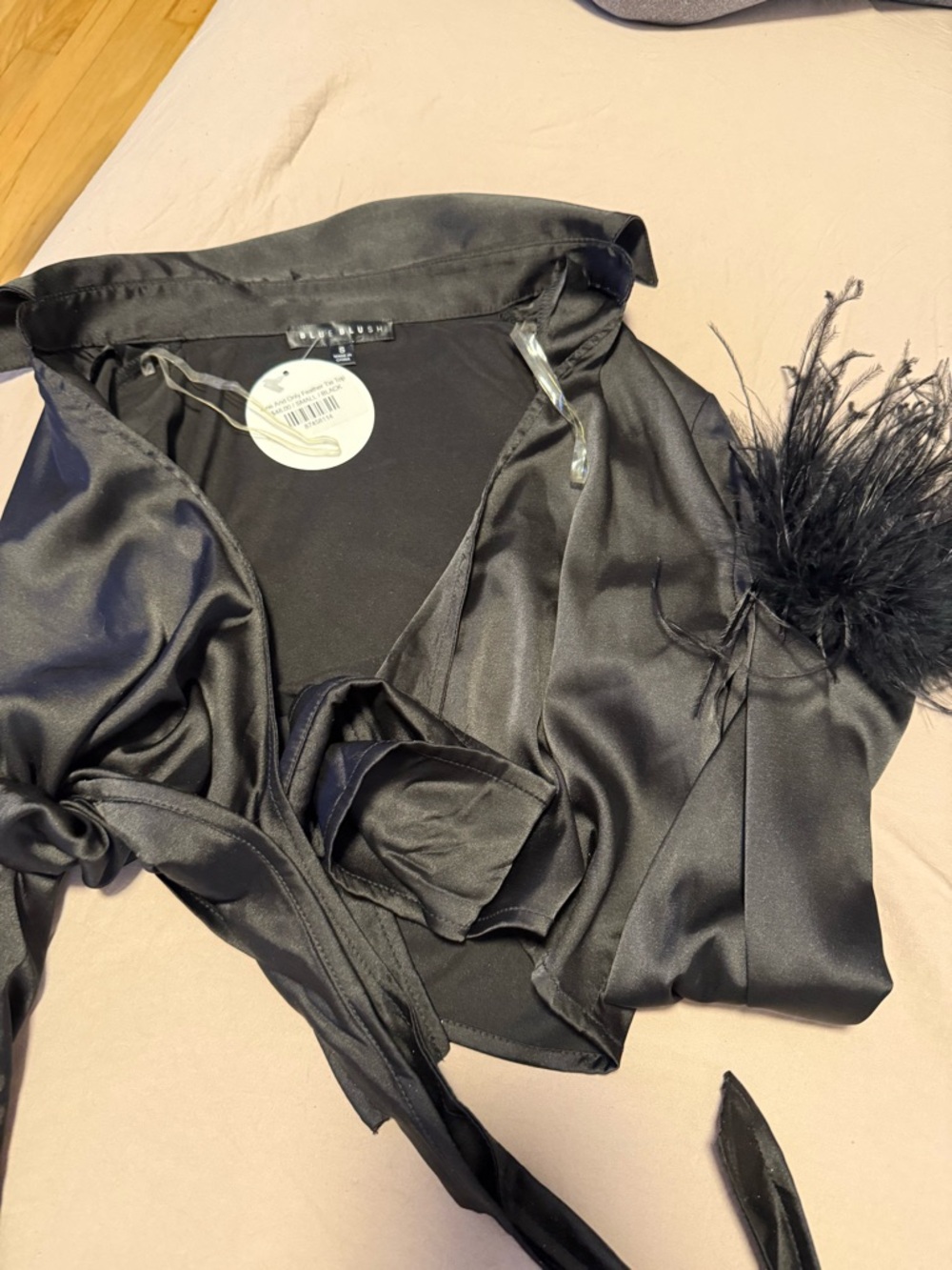 Blue Blush Black Satin Feather-Trim top